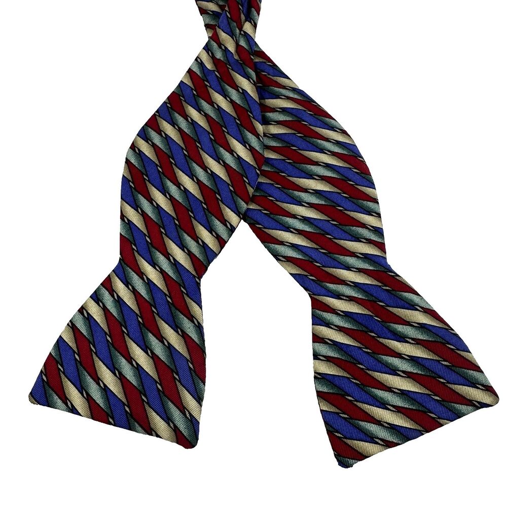 VTG Beau Ties Ltd Geometric Mens Silk Satin Bowtie Red Blue Gold Diamond Pattern
